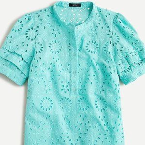 J Crew Puff-sleeve Popover Top in Eyelet Medium Sunwashed Aqua